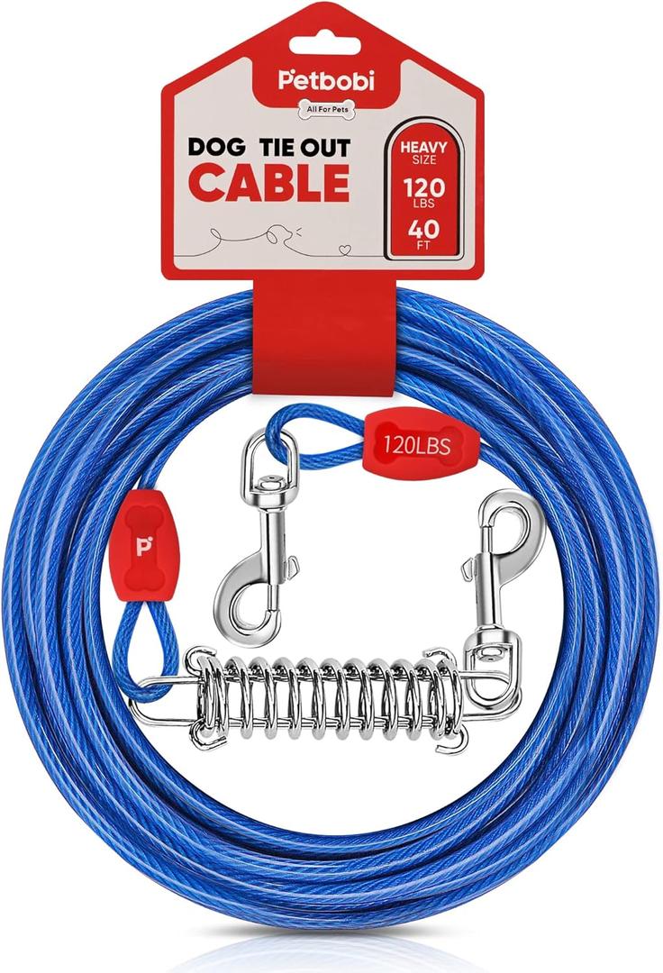 Petbobi Dog Tie-Out Cable 40ft -Heavy Duty Dog Lead Up to 120 lbs, Outdoor Leash Metal Cable with Shock Spring 360 Swivel Clips, for Yard Camping, Fit Small Medium Large Pets, Blue