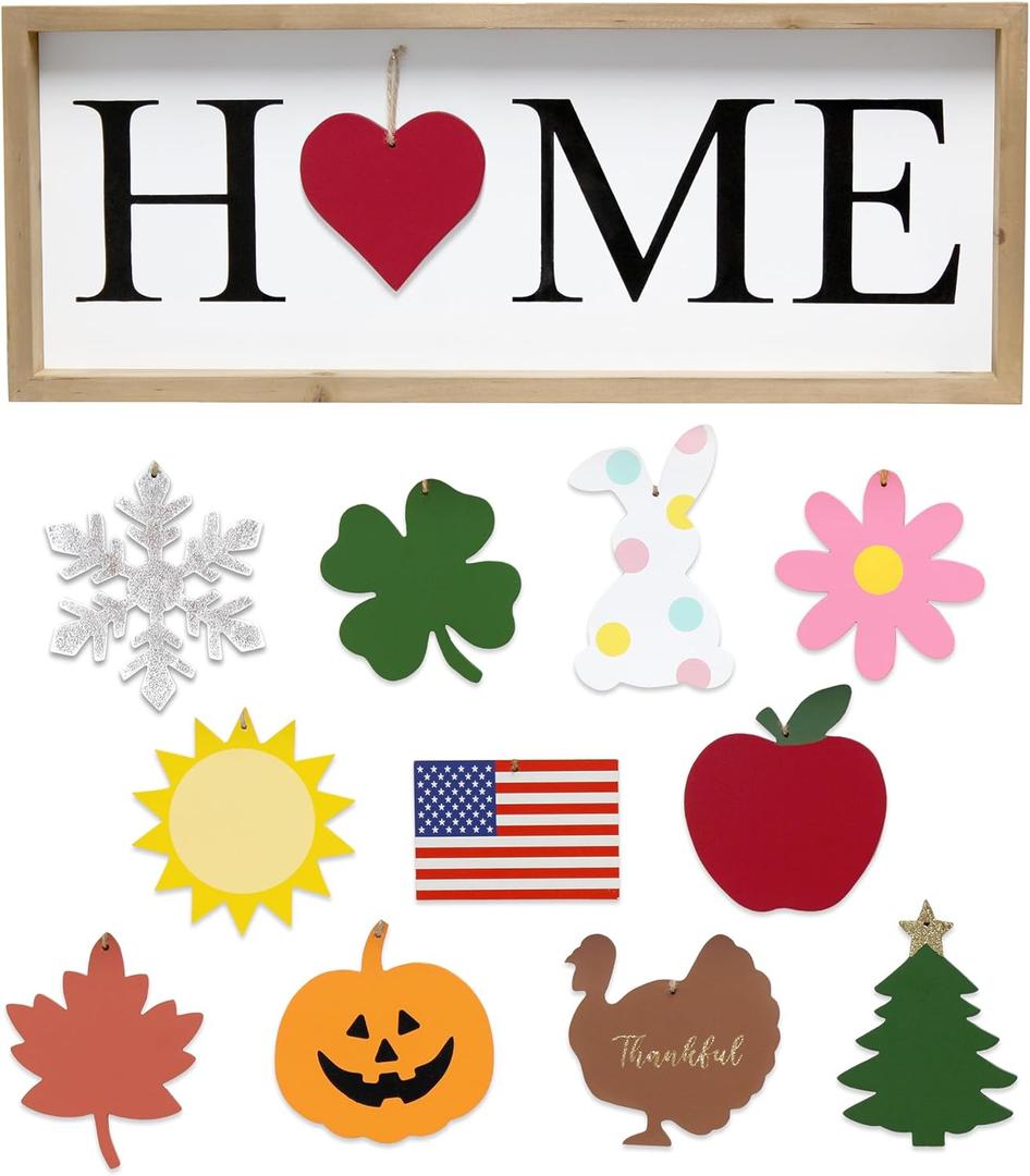 Elegant Designs HG1031-RBK 23" Home Sweet Swap Farmhouse Frame with 12 Seasonal Ornaments, Freestanding or Wall Mountable, Natural Finish, Black Text (Rustic Natural)