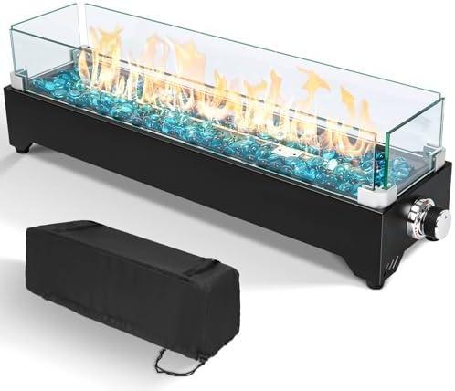 GRISUN 28" Table Top Propane Fire Pit, 45,000 BTU Tabletop Gas Fire Pit, Tabletop Firepit for Patio, Outdoor Portable Fireplace, Rectangular Fire Bowl with Glass Wind Guard, Glass Beads & Cover