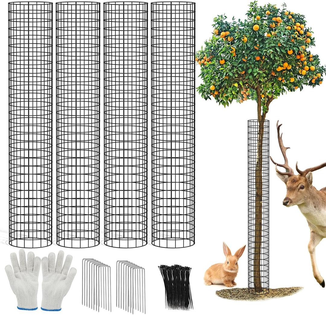48" Metal Tree Trunk Guard, 4 Pack Mesh Protectors with Zip Ties, Glove & Metal Stakes - Protect Bark & Saplings from Mowers, Deer & Other Animals