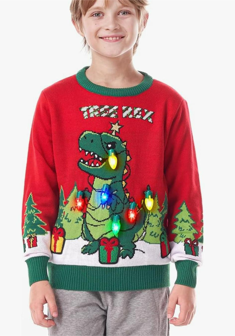 Giggling Getup Ugly Christmas Sweater with Light, LED Ugly Christmas Sweater for Women Men Kids 2025 Dinosaur(Red)
Size S