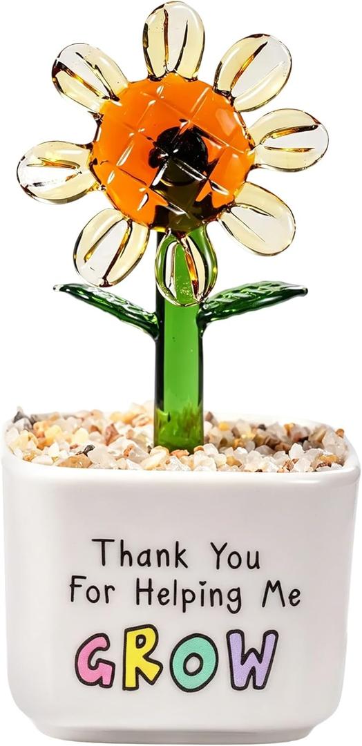 Teacher Appreciation Gift, Thank You for Helping Me Grow Hand Blown Glass Flower in Ceramic Pot, Meaningful Thank You Gift for Teacher, Mentor, Graduation or Retirement Desk Decor