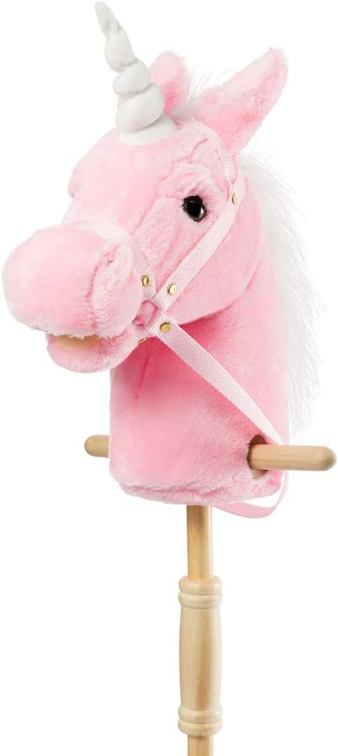 HollyHOME Plush Unicorn Stick Horse with Wood Wheels Real Pony Neighing and Galloping Sounds Plush Toy Pink 37 Inches(AA Batteries Required)