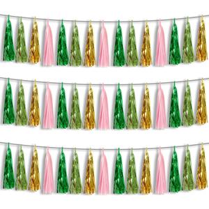 3P Sage-Green Pink-Gold Foil Fringe Metallic Tassel Garland, Tassels Banner Streamers for Parade Floats, Bachelorette, Wedding, Birthday, Halloween, Christmas, Bridal/Baby Shower Party Decorations
