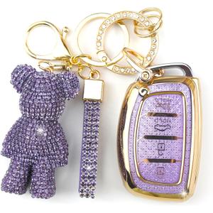 Cute Key Fob Cover with Rhinestone Bear Charm, Bling TPU Smart Key Case for Women, Compatible with Hyundai Santa Fe Santa Fe Sport Sonata Sonata Sport (4-Button, Gold Purple)