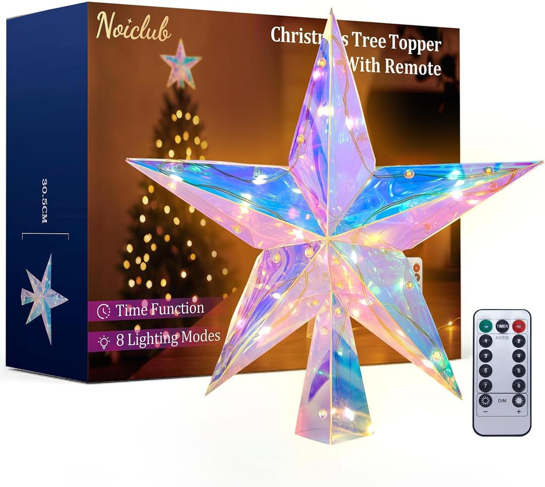 Christmas Tree Topper11.8" PET Christmas Tree Star Topper Lighted with Remote Multicolour 20LED Lighted Treetop Decorate for Xmas Decorations Ornaments Holiday Party Indoor Decor