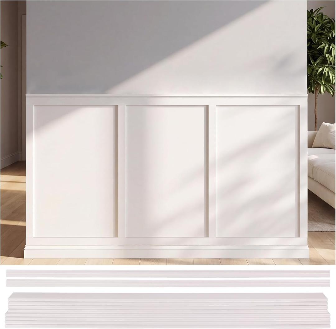 Board and Batten Wall Panel Kit Wainscoting Panels White, 10-Piece Set Paintable Wall Panels for Interior Wall Decor Cover 39 x 79 Inch, Wall Panel Kit for Bedroom Living Roomo ffice Home Decor