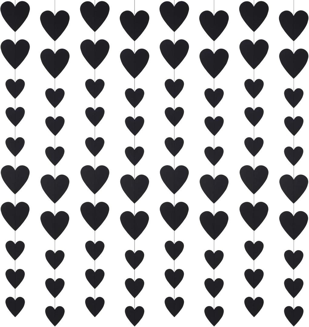 Epakh 8 Pack Valentines 2000s Party Decoration Y2k Black Heart Garland Paper Hearts Decoration Banner for Wedding Birthday Bachelorette Engagement Galentines Supplies