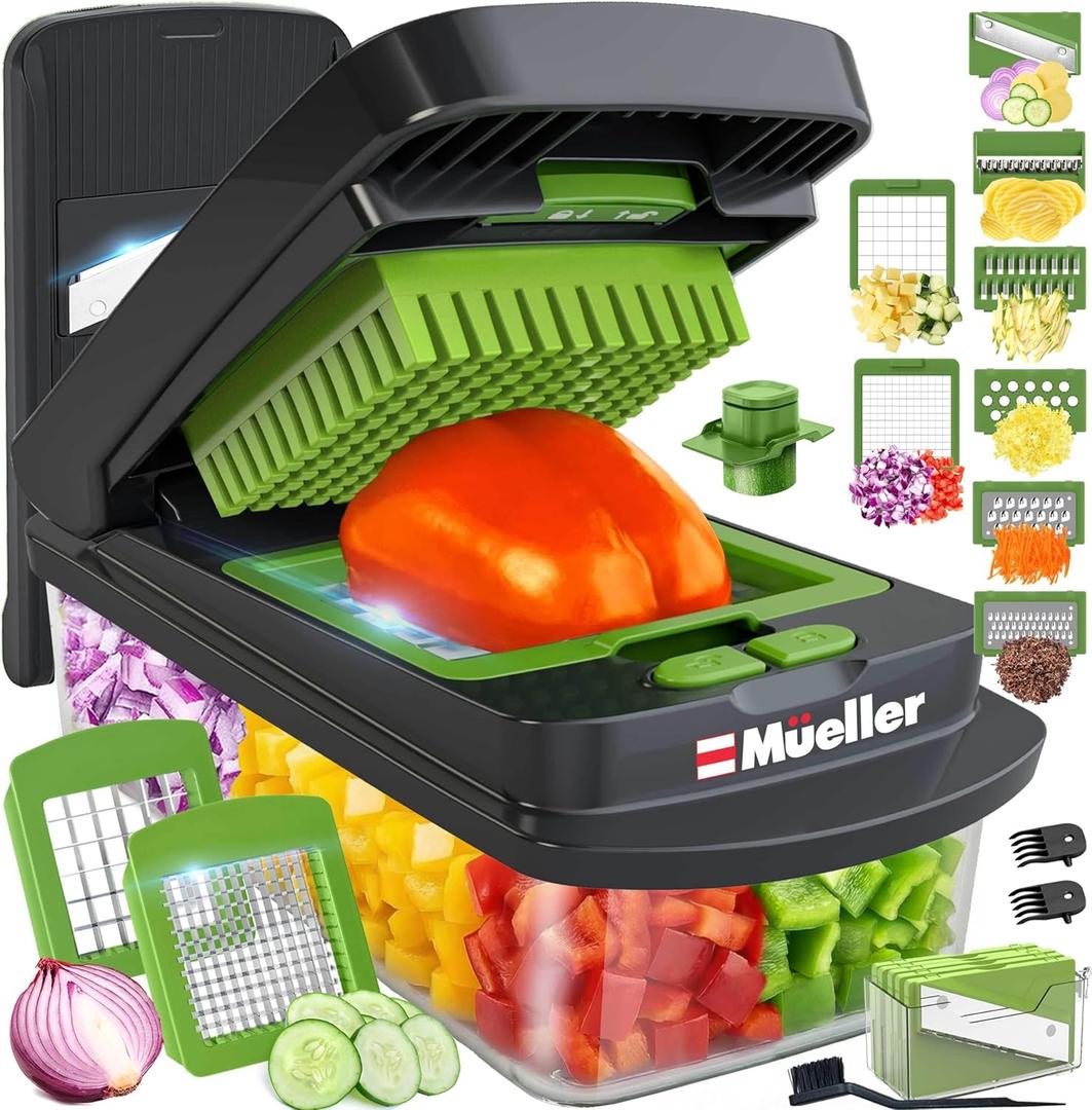 Mueller Pro-Series 10-in-1, 8 Blade Vegetable Chopper, Onion Mincer, Cutter, Dicer, Egg Slicer with Container, French Fry Cutter Potato Slicer, Home Essentials, Salad Chopper,Gray/Green