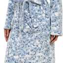 RONGTAI Leopard Print Hooded Bathrobe for Women, Long Shawl Collar Fleece Womens Robe with Pockets and Belt (M, Blue), Medium