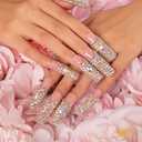 LOVFUL Press on Nails Angel's Tear Rhinestone | Handmade with Full Covered Crystals | Reusable Fake Nails | Square Mid length 1.7in | H48-L