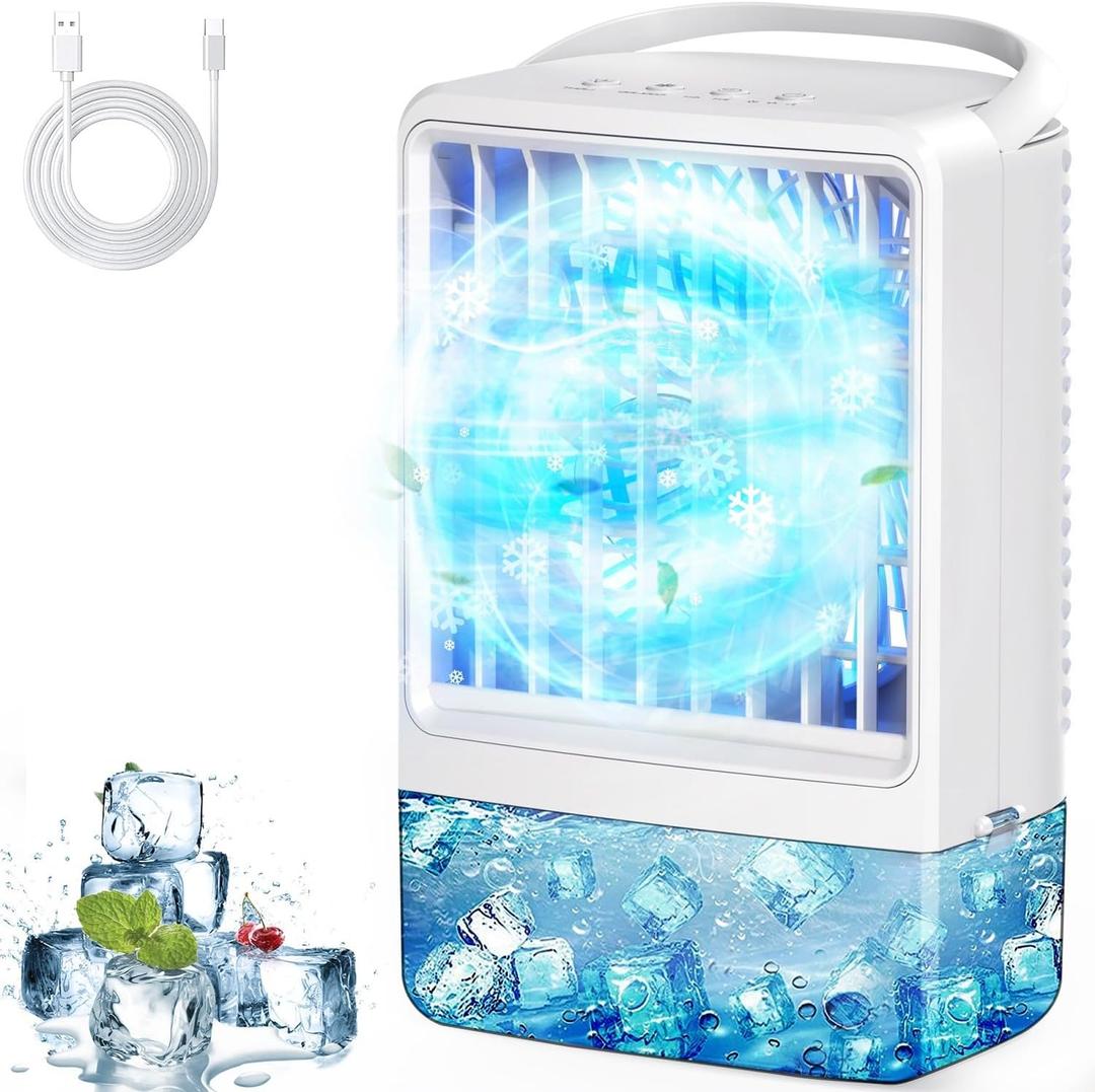 Small Air Conditioner Ice Fan Blow Cold Air USB Mini AC Air Portable Conditioners 2 Spray Ports 3 Wind Speed & 7 Colorful LED Light Cool Mist &Timer Evaporative Air Cooler for Bedroom/Home/Office