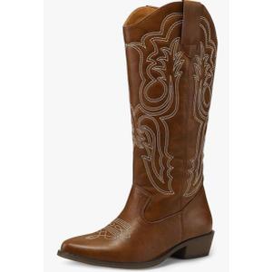 mysoft Women's Cowboy Boots Mid Calf Cowgirl Embroidered Western Pointed Toe Chunky Heel Pull On Knee High Boots 9.5