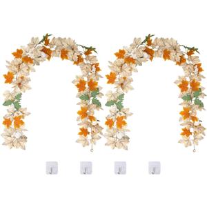 Fall Maple Leaf Garland with White Pumpkins Berries 2 Pack, 11.6 Ft Autumn Garland Fall Decor, Thanksgiving Halloween Harvest Decorations for Mantle Fireplace Farmhouse Home Porch