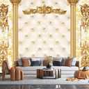 JHGRXFHB-Off-White Diamond Quilted Soft Bag Design, Golden Roman Columns Peel and Stick 160" x 114"