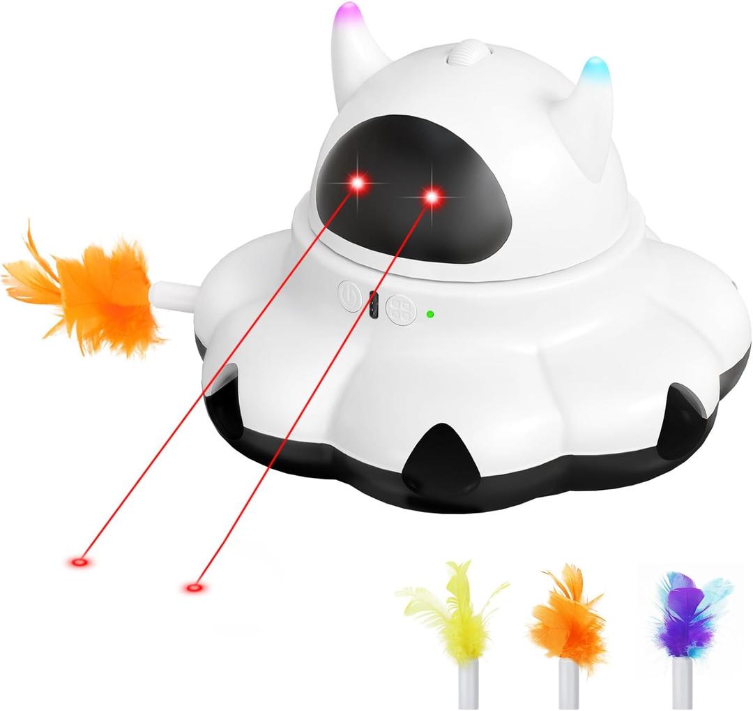 MIKK Cat Laser Feather Toy 2-in-1 Interactive for Indoor Cats Automatic with Remote Control USB-C Rechargeable, No Batteries Needed, Easy Setup, Multi-Cat Use Electronic Kitten Exercise Toy (White)
