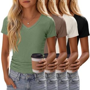 4 Pack Girls Short Sleeve Shirts Ribbed V Neck Tops Fitted Kids Soft Basic Tees Summer