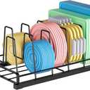 Food Container Lid Organizer for Cabinet, 6 Adjustable Dividers Metal Pot Lid Organizer, Pots and Pans Organizer Under Cabinet Storage Plastic Lids Pots Cookie Sheets for Cabinets, Cupboards, Drawers (BLACK)