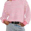 Panadila Womens Striped Oversized Sweater Fall Chunky Long Sleeve Pullover Sweaters Cable Knit Color Block Sweater Tops (X-Small, Pink White Combo)