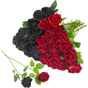 36 Pcs Silk Black Red Rose Bouquet Bridal Artificial Flowers,Fake Rose Long Stem Realistic Artificial Flowers Bulk for Wedding Bouquet Ball Arrangement Centerpiece Party Decor