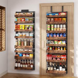 8-Tier Over The Door Pantry Organizer, Heavy-Duty Metal Wall Mount or Hanging Spice Rack, behind the door storage Shelves with Adjustable Basket, Back of Door Organizer for Kitchen Cabinet and Closet (Black)