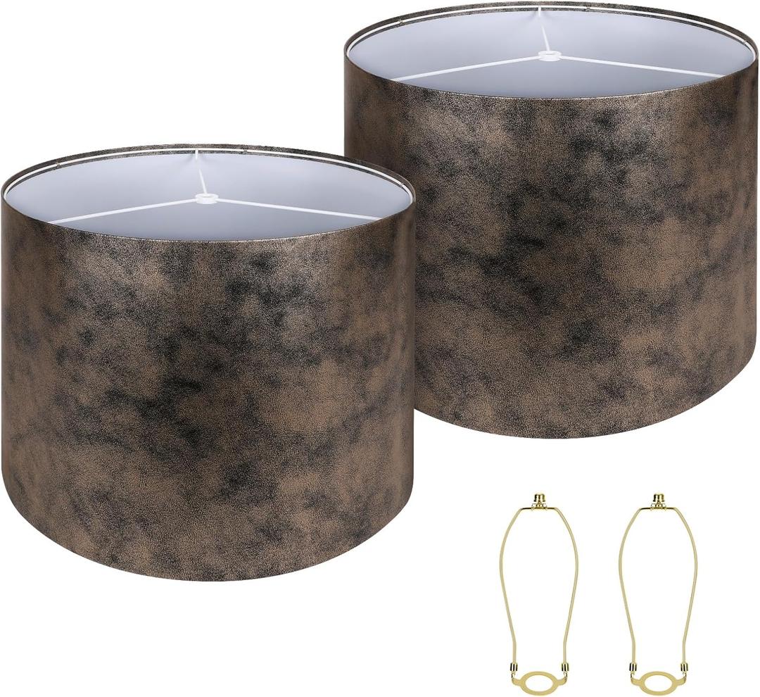 Lamp Shades set of 2 Large Drum Lampshade for Floor Lamps and Table Lamps Come With 2 Lamp Shade Holders New Crocodile Print LampshadeTop 15" Bottom15" Height12" Spider Easy Assemble (Imitation Gold Cowhide 2)