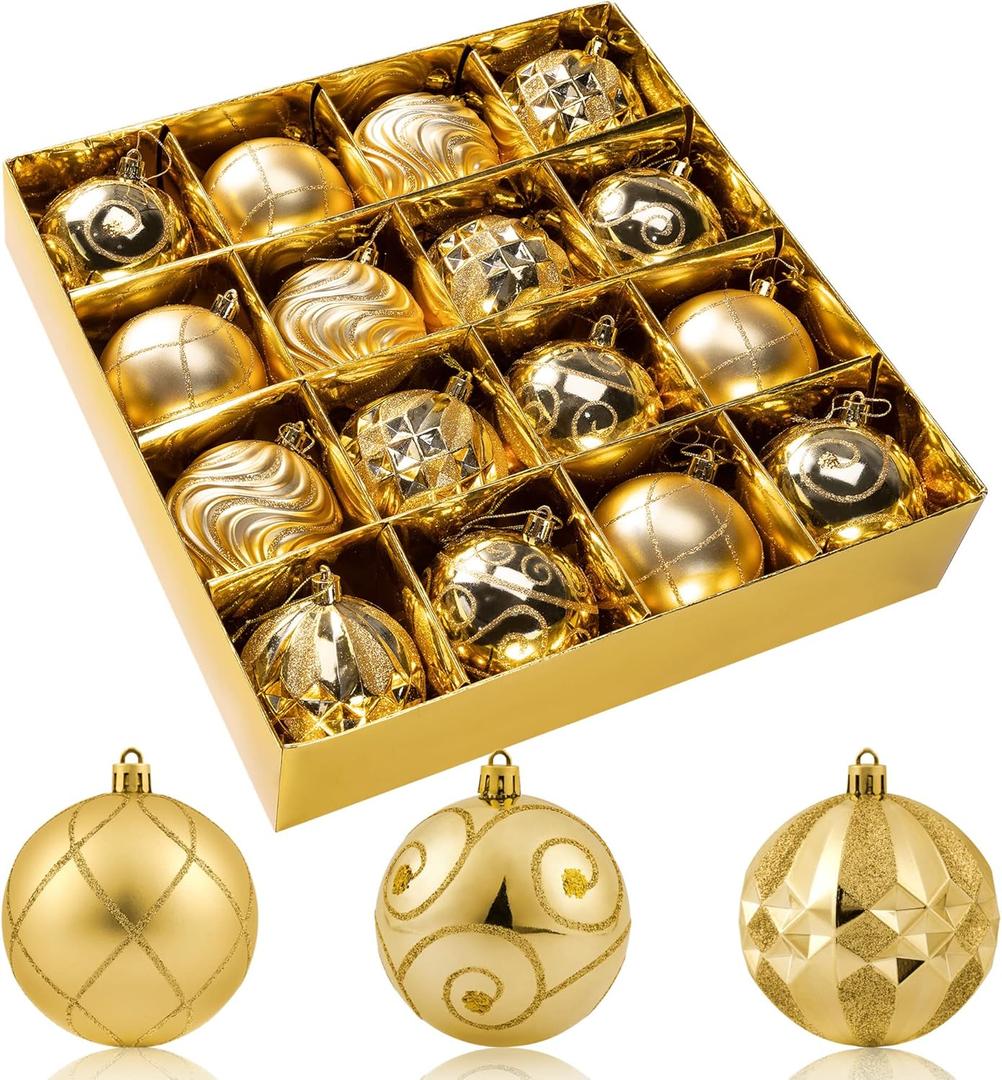 3.15" Gold Christmas Ball Ornaments Set, 16pc Gold Xmas Tree Ornaments Decoration, Shatterproof Large Decorative Hanging Balls with Loop for Christmas Party Holiday Wreath Garland Home Decor