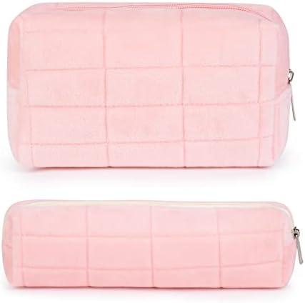 Makeup Bag Checkered Cosmetic Bag Plush Pink Makeup Pouch 1Pcs Large Capacity Makeup Bags and 1Pcs Makeup Brushes Storage Bag Travel Toiletry Bag Organizer