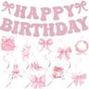 25 Pcs Pink Bow Birthday Party Decorations Glitter Happy Birthday Banner Garland Pink Hanging Swirls Bow Themed Party Decor Streamers for Girls Women Bday Baby Shower Bachelorette Party Supplies