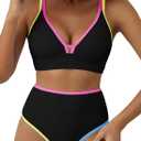 Herseas Women's 2 Piece Floral Print Bikini Sets V Neck Stitch Swimsuits High Waisted Bathing Suit Beach Summer Swimwear (Black, XL)