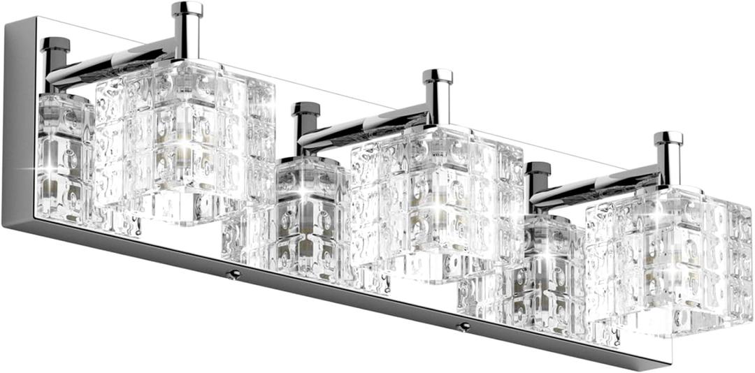 Ralbay 3 Lights Crystal Bathroom Vanity Light Modern LED Chrome Vanity Light Fixtures for Bathroom Over Mirror (20 inch)