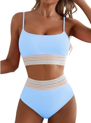 Herseas Women's Bikini Sets Colorblock Trim 2 Piece High Waisted Swimsuit Scoop Neck Adjustable Spaghetti Straps Bathing Suit, Size M