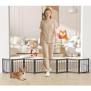 Snuowu 16" Freestanding Short Dog Gate for Small Dogs – Foldable & Retractable, Expands Up to 96" Wide, 8-Panel Pet Barrier for Doorways, Stairs & Hallways (Black)