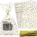 100 Pcs Star Printed 8"X 12" Gift Wrap Cello Cellophane Treat Bags Party Favor bags Clear Candy Cookie Bags Plastic Poly Goodie Storage Bags with Twist Ties for Bakery,Birthday, Wedding ,Party Decorations (Gold)