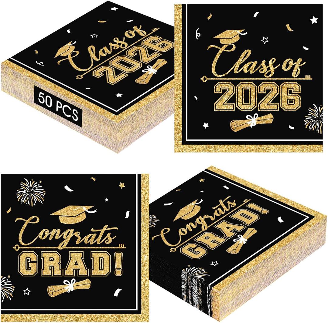 50 Pcs Graduation Napkins Class of 2026 - Black Gold Congrats Grad Napkins Set, 3-Ply Disposable Graduation Luncheon Dinner Party Paper Napkins for Graduations Party Supplies Table Decoration
