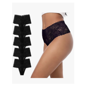 High Waisted Thongs Lace Full Coverage Soft Tangas Tropical Plants Lace Thongs Comfortable Sexy Underwear, Small