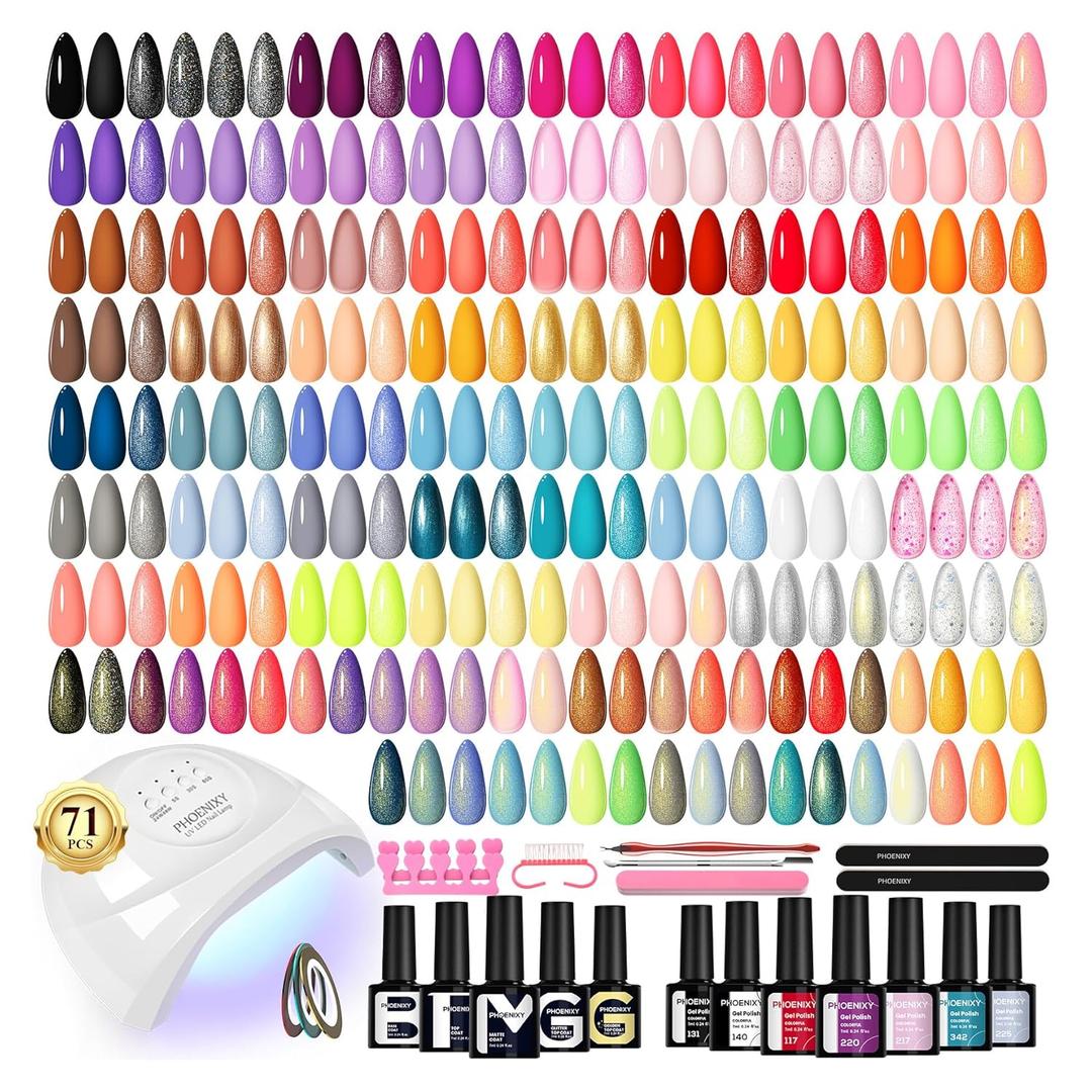 phoenixy 71 Pcs Gel Nail Polish Kit with U V Light, 60 Pcs Gel Nail Kit for Beginners with Everything 5 Pcs Base Top Coat Manicure Starter Nail Polish Set Valentine Gifts for Women