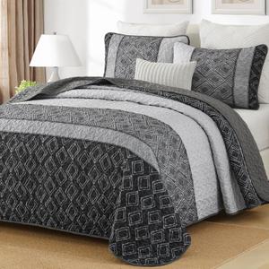Cottolester Boho Quilt Set Queen Size 3 Pieces,Grey Striped Plaid Bedspread,Soft Microfiber Bedding Set with 2 Pillow Shams 96"x90"