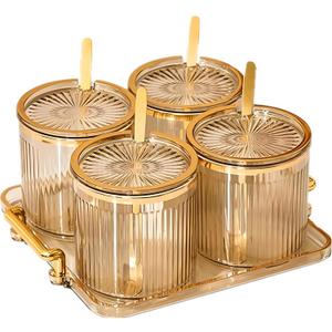Acrylic Condiment Spice Jars,Condiment Spice Box With Lids and Spoons and Tray,Clear Plastic Condiment Canisters,Seasoning Box 4 Pack,Seasoning Box Set for Kitchen to Storage Salt,Paprika,Sugar