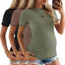 3 Pack Women's Ribbed Maternity Tops | Short Sleeve, Ribbed Knit, Crew Neck, Side Ruched, Pregnancy Clothes, Maternity Shirts, Soft, Stretchy, Breathable, Comfy (M)