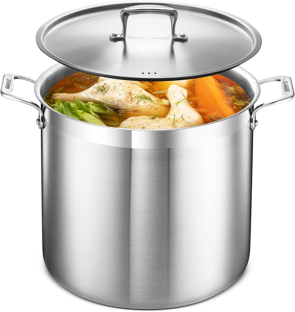 Stainless Steel Stockpot with Lid 20 Quart, Durable 18/8 Stainless Steel, Impact-Bonded Base for Even Heating, Riveted Handles, Oven & All Stove Compatible, Safe Up To 500F (260C)