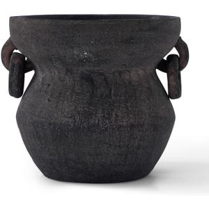 MIYUKI Rustic Vase for Home Decor, Decorative Pottery Terracotta Vase for Living Room, Table, Shelf, Handcraft Vintage Ceramic Vase 6.7in H x 8.2in W (Black)