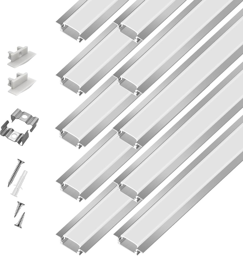 10-Pack 3.3ft/1Meter Silver Recessed LED Aluminum Channel for LED Strip Lights Diffuser Channel with Milky Cover End Caps and Mounting Clips, Flush Mounted LED Track for Ceiling Under Cabinet Closet.