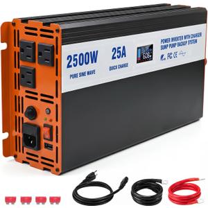 Sump Pump Battery Backup System, 2500W Pure Sine Wave Inverter with LCD Display, Auto Switches to Battery Power for Continuous Sump Pump Operation, for Basement Flood Protection&Power Outage Emergency