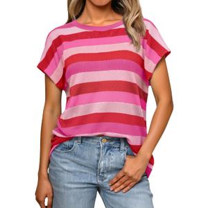 Saodimallsu Womens Striped Short Sleeve Tops Summer Casual Color Block Crew Neck Lightweight Loose Knit Shirts (Small, Red)