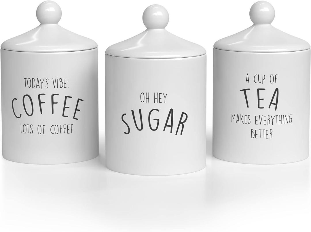 Barnyard Designs Ceramic Kitchen Canister Set  Decorative Farmhouse Coffee, Tea, Sugar Containers, Rustic Counter Storage Jars for Kitchen, White, Set of 3