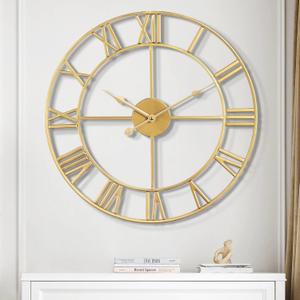 Vintage Retro Roman Numerals Metal Gold Large Wall Clock - 24 Inch Silent Non-Ticking Decorative, Battery Operated for Farmhouse, Kitchen, Bedroom