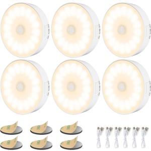 14 LEDs Motion Sensor Light Indoor, 6 Pack Upgraded Night Light USB Rechargeable, 3 Light Modes & Long Last Battery, Cordless Magnetic Nightlight for Bedroom, Closet, Hallway - Warm White