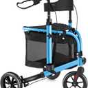 WALK MATE 3 Wheel Rollator Walker with Seat for Slim Seniors, Padded Backrest Lightweight Foldable Walker Ideal for Elderly, 8 Inch Tri-Wheel Modern Mobility Walking Aid Aluminum, Blue