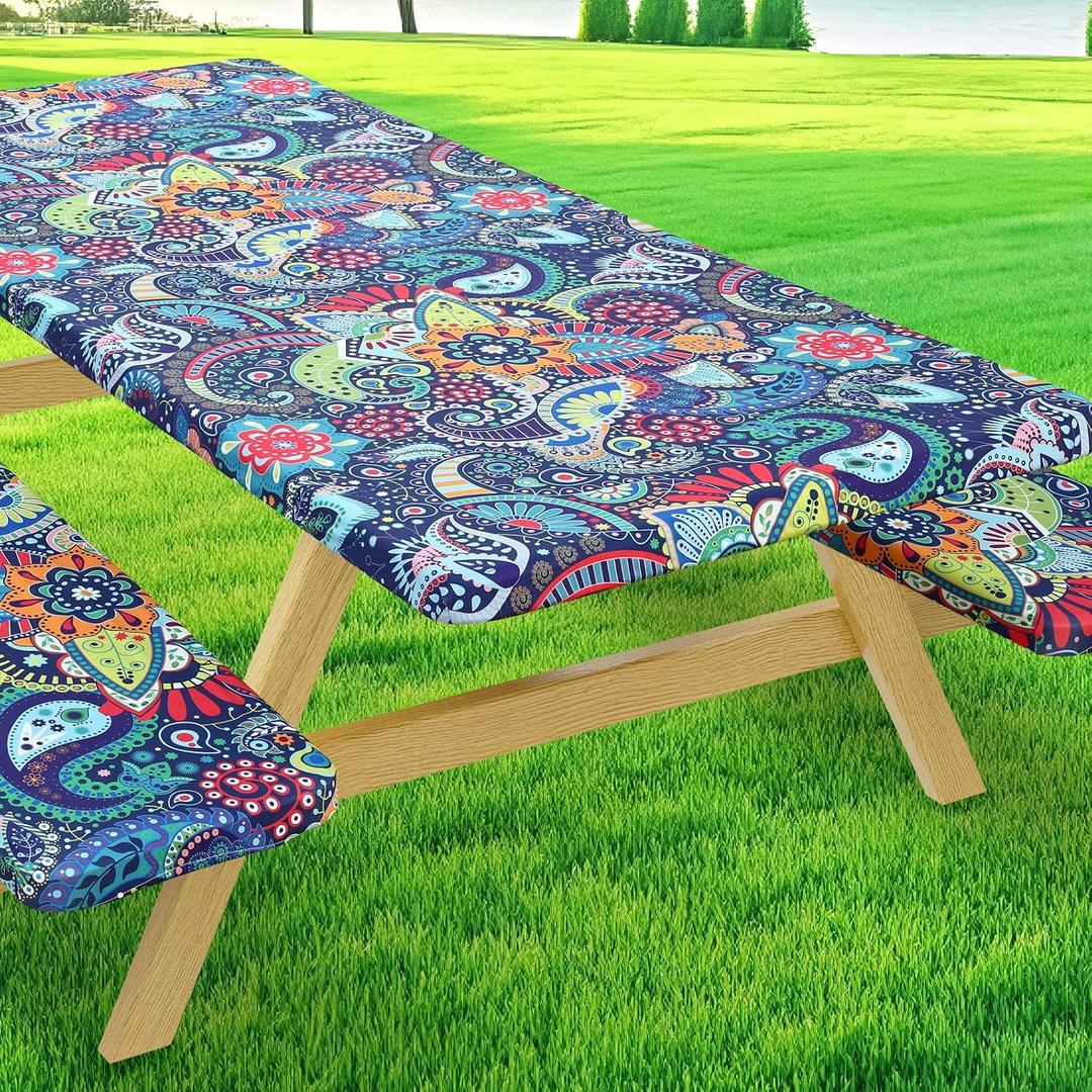 Moosfor Picnic Table Cover with Bench Covers, Elastic Fitted Spandex Tablecloths for 8 Foot Rectangle Tables, Stretch Washable Patio Tablecloth for Outdoor, Camping (Paisley, 30"x96")